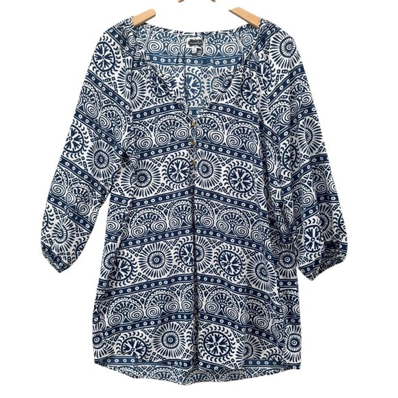 Mud Pie Mosaic Tunic Womens Blue White 3/4 Balloon Sleeve V Neck Size L - Picture 1 of 12